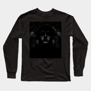 Portrait, digital collage, special processing. Dark, strong. Guy face looking up high. Fantasy. Grayscale. Long Sleeve T-Shirt